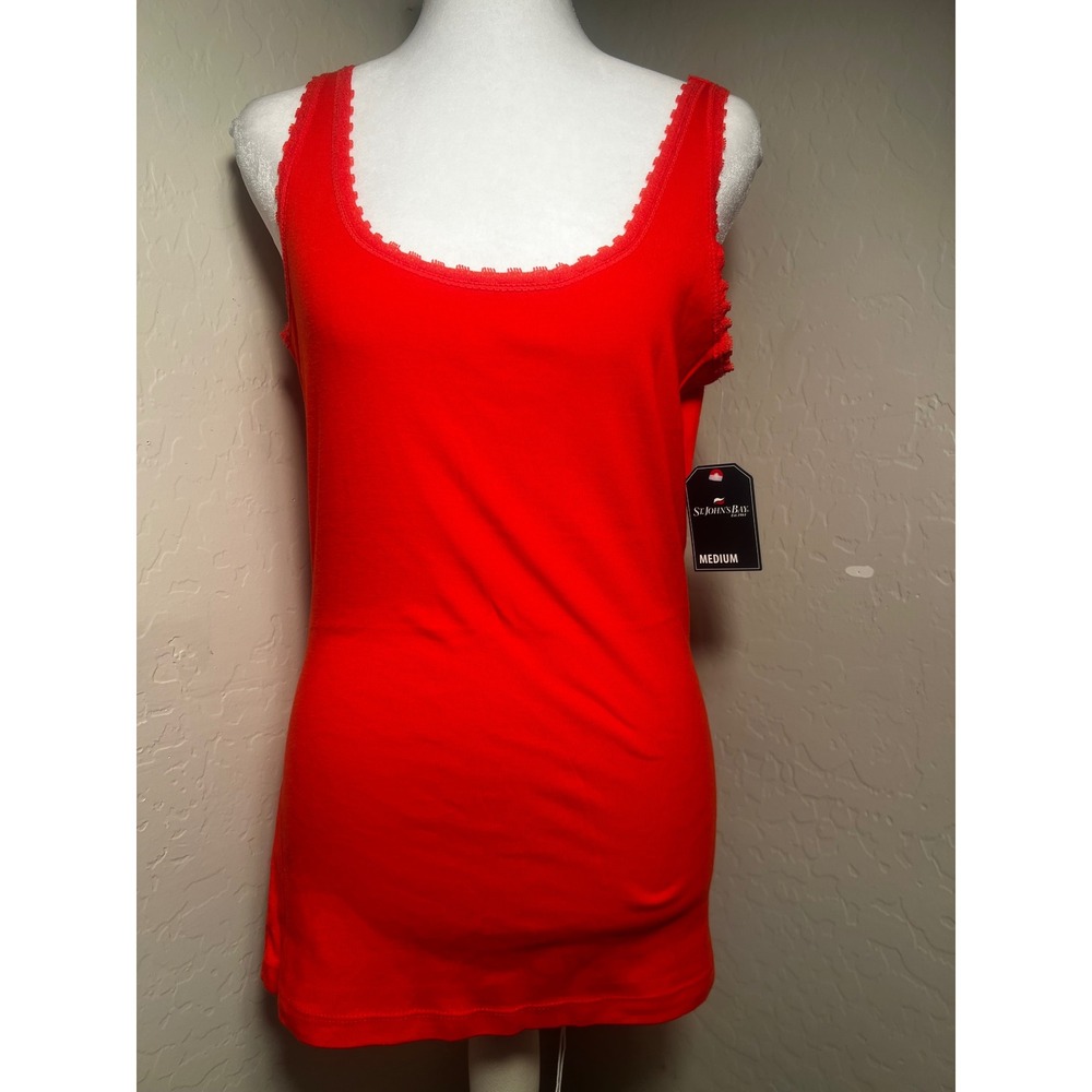 St. John's Bay Women Red Ribbed Cotton Tank Top Lace Trim Scoop Neck Medium NWT - Picture 2 of 4